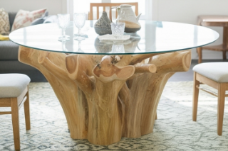 Picture of TAKARA D130 Tempered Glass Top Handcrafted Teak Root Dining Table