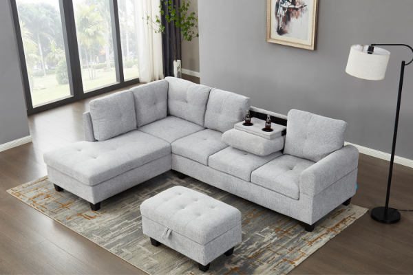 Picture of DEVON Fabric Sectional Sofa with Storage Ottoman (Grey) - Chaise Facing Left