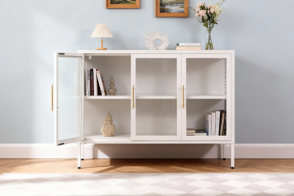 Picture of STARK Steel Frame 90x120cm 3-Door Transparent Glass Display Cabinet (Cream)