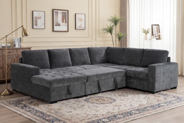Picture of HENRIK U-Shape Tufted Sectional Sofa/Pull-Out Sofa Bed with Storage - Chaise Facing Left