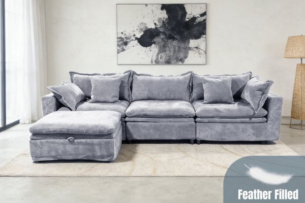 Picture of MORVIA Feather-Filled Modular Sectional Sofa with Storage Ottoman (Light Grey)