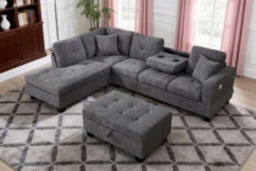 Picture of NEBULA Pro Chenille Fabric Sectional Sofa with Storage Ottoman & Drop-Down Console & USB & Type-C Port (Dark Grey)