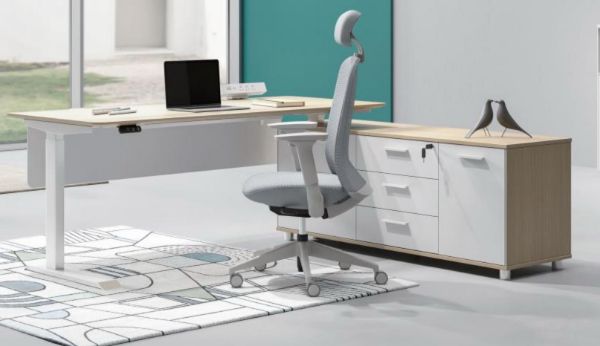 Picture of  [FLOOR MODEL CLEARANCE]  UP1 Executive L-Shape Height Adjustable Desk System (Oak Top) - 180L Desk (Drawers by the Left)