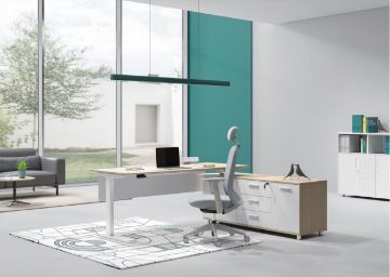 Picture of  [FLOOR MODEL CLEARANCE]  UP1 Executive L-Shape Height Adjustable Desk System (Oak Top) - 180L Desk (Drawers by the Left)