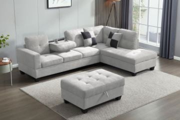 Picture of  [FLOOR MODEL CLEARANCE]  NEBULA Sectional Sofa with Storage Ottoman & Drop-Down Console (Light Grey) - Facing Right