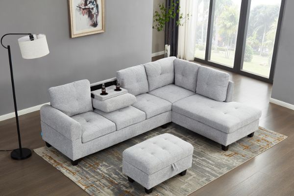 Picture of [FLOOR MODEL CLEARANCE]DEVON Fabric Sectional Sofa with Storage Ottoman (Grey) - Chaise Facing Right