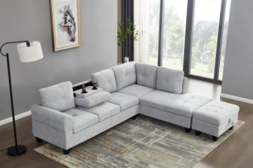 Picture of [FLOOR MODEL CLEARANCE]DEVON Fabric Sectional Sofa with Storage Ottoman (Grey) - Chaise Facing Right