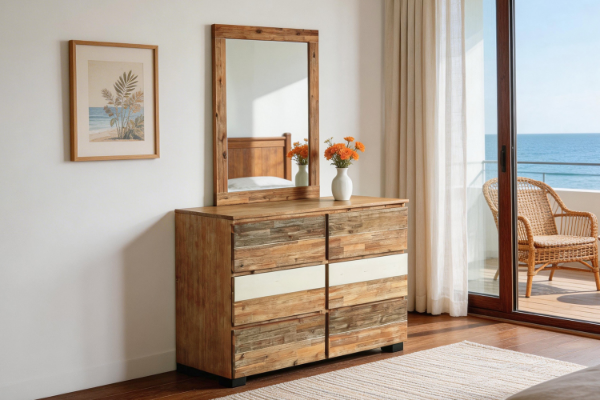 Picture of   [FLOOR MODEL CLEARANCE] LEAMAN 6-Drawer Solid Acacia Wood Dresser with Mirror