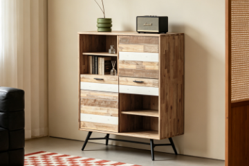 Picture of LEAMAN 125x100cm Solid Acacia Wood Display Cabinet