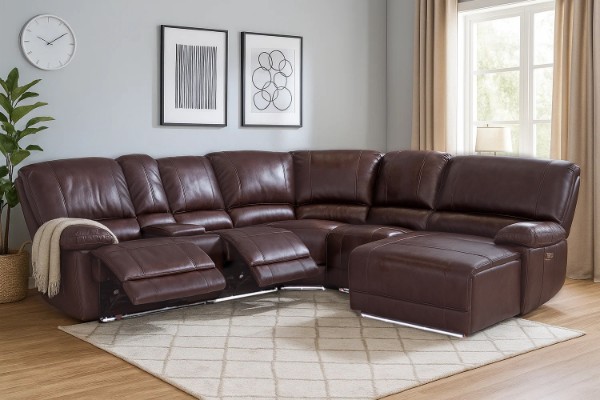 Picture of  [FLOOR MODEL CLEARANCE]  ORREN Air Leather Power Reclining Sectional Sofa with LED Lights & Cooling Cup Holders - Chaise Facing Right (Dark Brown)