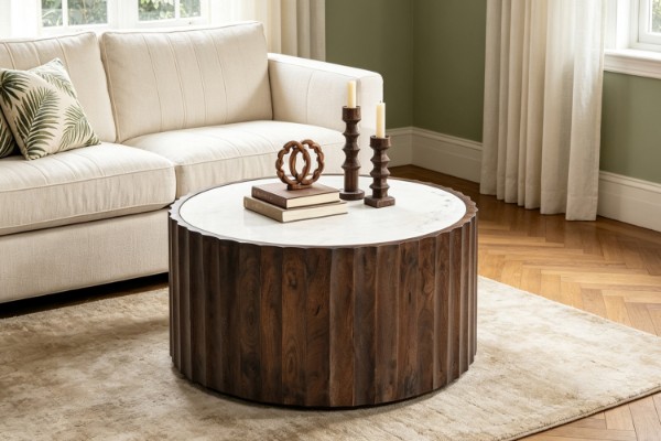 Picture of KASIA Mango Wood D89 Round Coffee Table With Marble Top