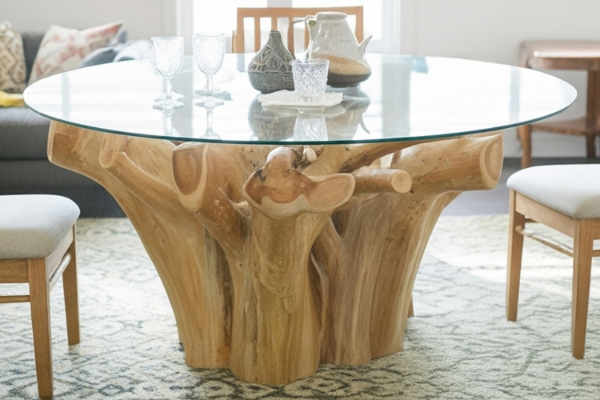 Picture of TAKARA D130/D145 Tempered Glass Top Handcrafted Teak Root Dining Table