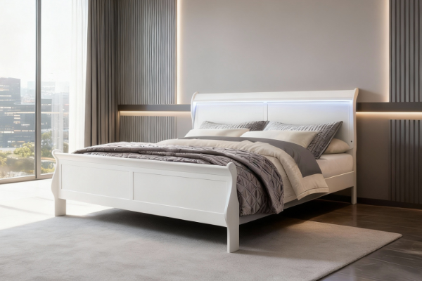 Picture of  [FLOOR MODEL CLEARANCE] LOUIS Hevea Wood Bed Frame with LED Lighting Headboard in Queen Size (White)