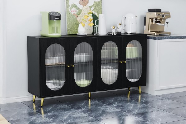 Picture of FIVEN 4-Door Arched Fluted Glass Buffet/Storage Cabinet (Black)