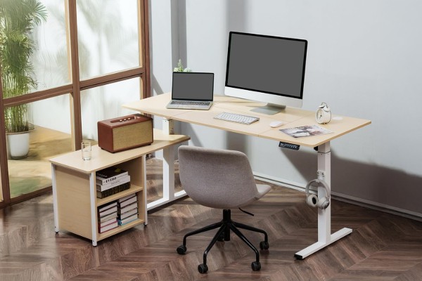 Picture of [FLOOR MODEL CLEARANCE] NEXUS 160 Electric Height-Adjustable Standing Desk With Cabinet Shelf & LED Display & USB Charging Port (Oak)