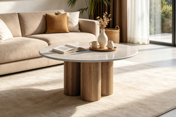 Picture of BLIX Mango Wood D68 Round Coffee Table with Marble Top