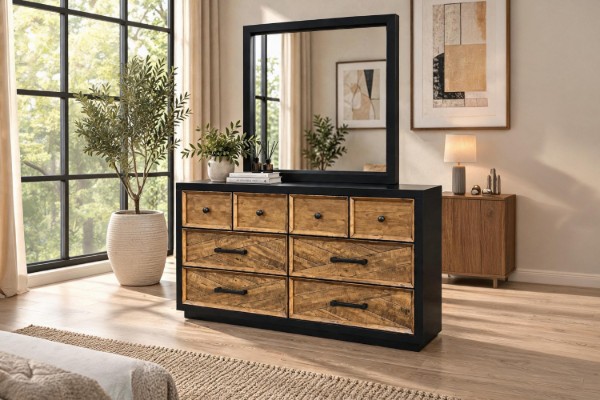 Picture of HERRINGBONE Genuine Wood Veneer 8-Drawer Dresser with Mirror