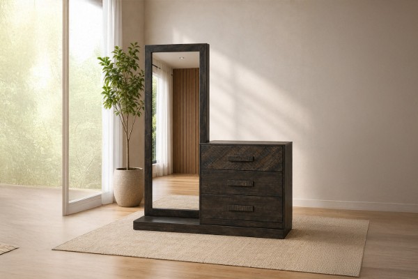 Picture of RIDHELINE Genuine Wood Veneer 3-Drawer Dresser with 5-Tier Mirrored Storage Cabinet