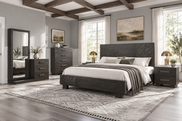 Picture of RIDHELINE 4PC/5PC/6PC Genuine Wood Veneer Bedroom Combo Set in Queen/Super King Size