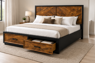 Picture of HERRINGBONE Genuine Wood Veneer Bed with 2 Storage Drawers - Super King Size