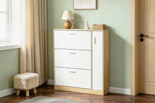 Picture of YORU 100 1-Door 3-Drawer Shoe Cabinet  (Oak & White)